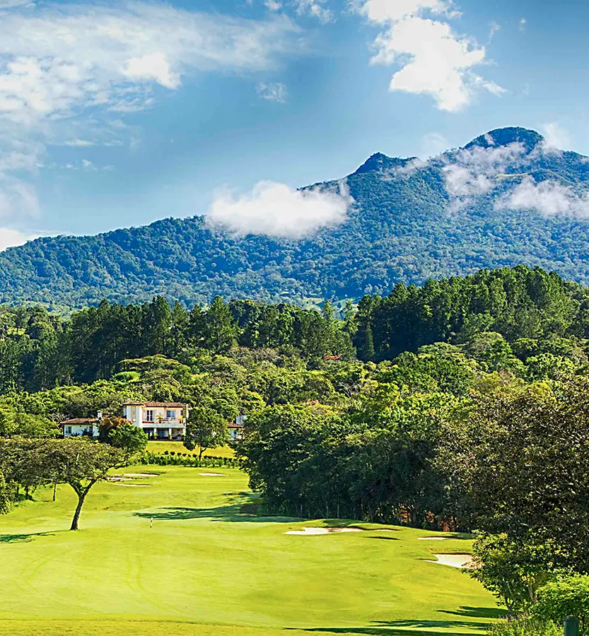 Scenic view of the Lucero community in Boquete, Panama with golf course and Volcán Barú in the distance